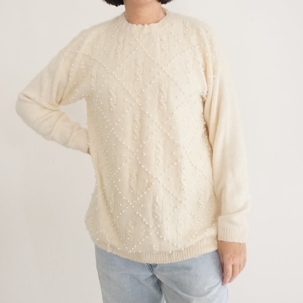 Vintage Ralsey Cream Knit w Pearls Beaded 56% Silk 10% Angora Sweater L